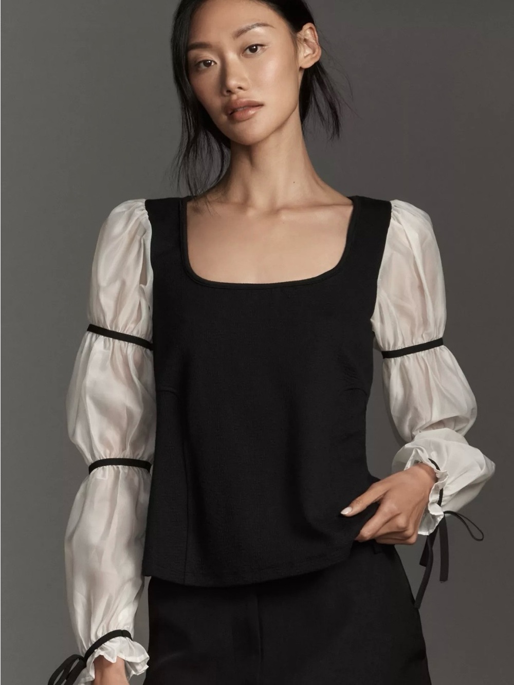 Maeve Balloon-Sleeve Top- Black and White- Size XXS- Puff Sleeve Victorian